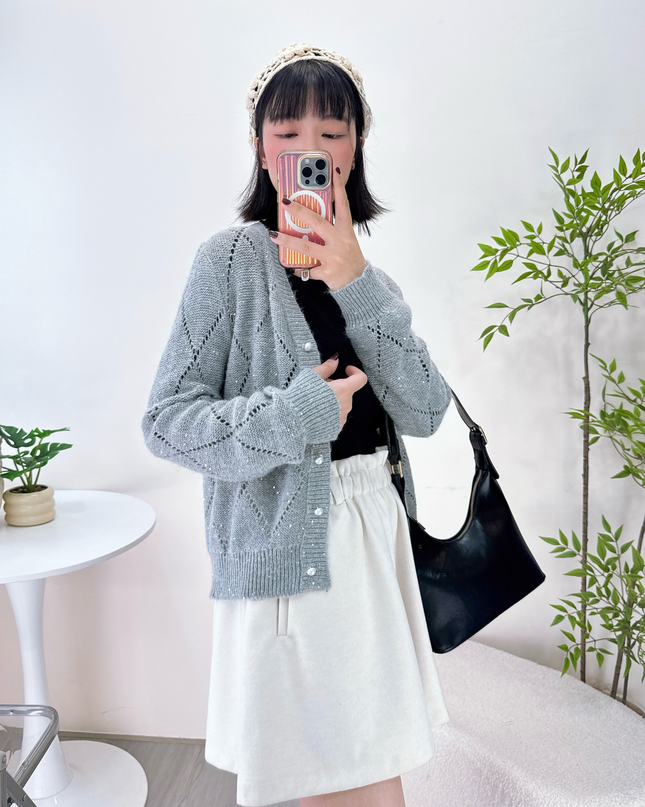 鏤空珍珠鈕扣針織外套 2色