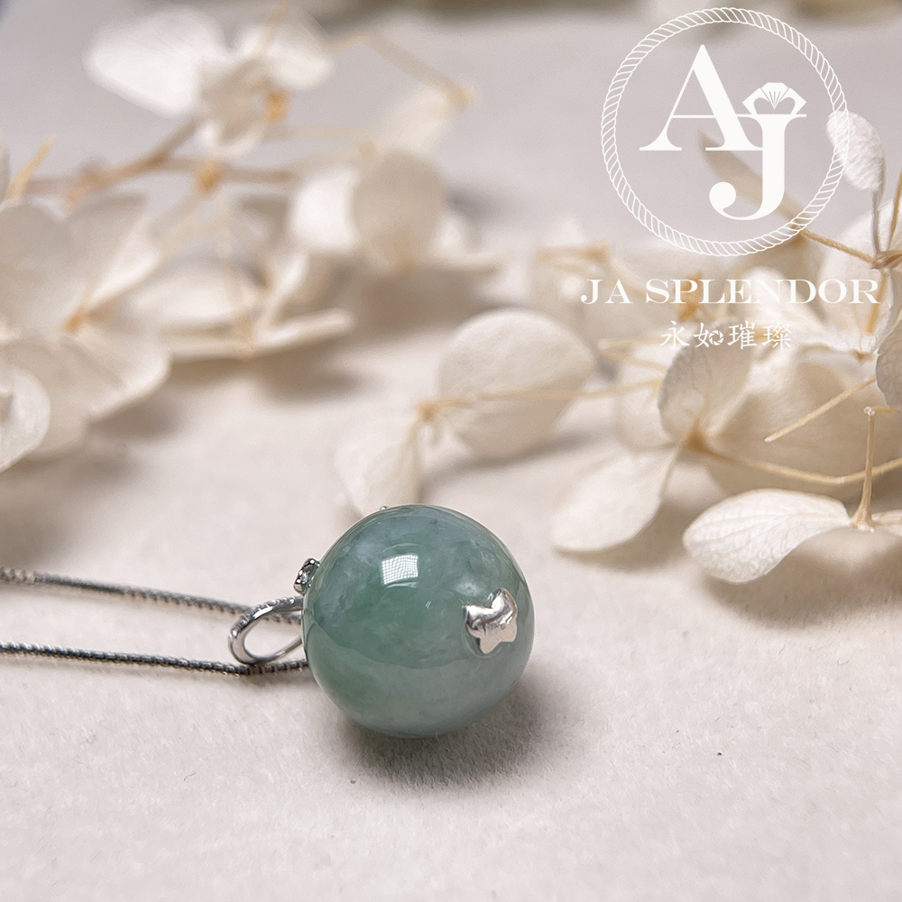 FBG26-H06 天然翡翠A玉 果綠13mm圓珠純銀蝴蝶吊墜 (送鈦鋼項鏈) 