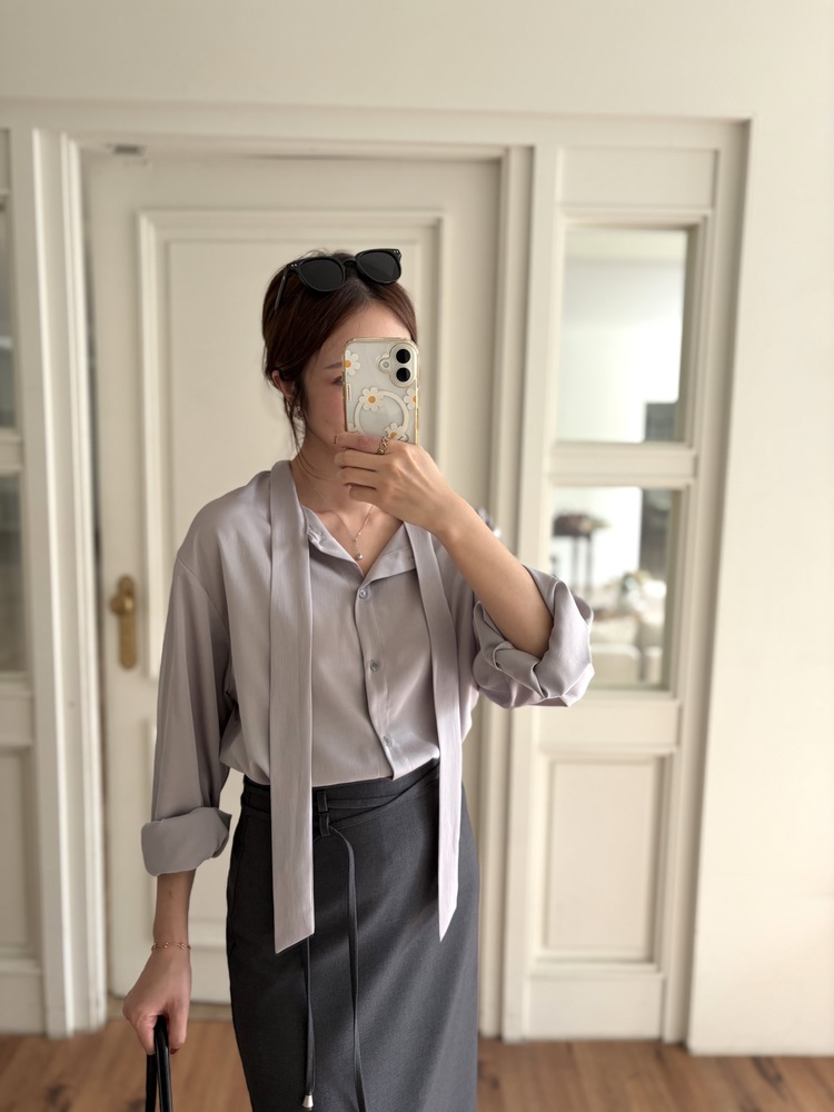 Two-way Tie Detail Blouse (Grey)