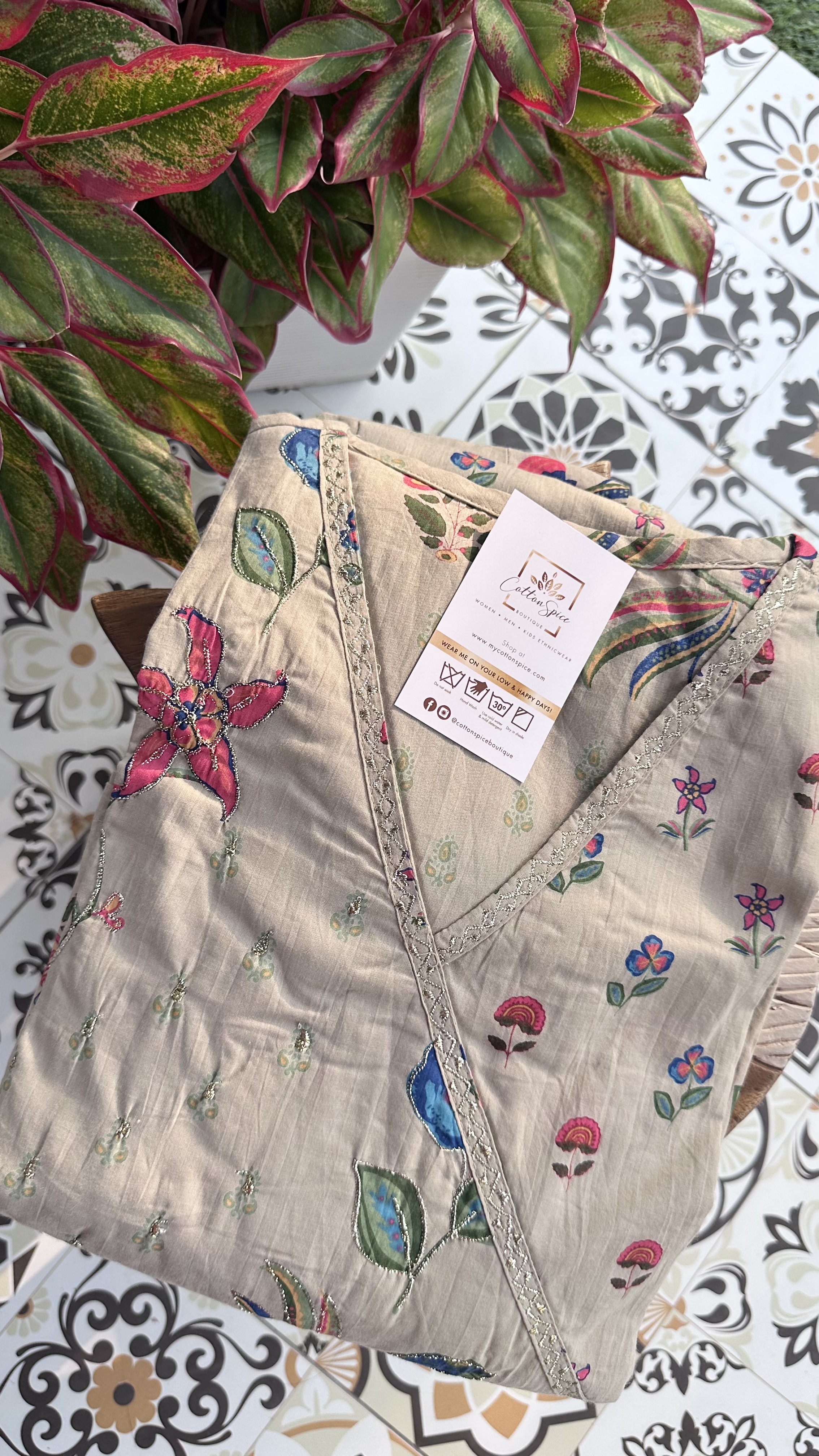 Light Olive Floral Cotton Anarkali set