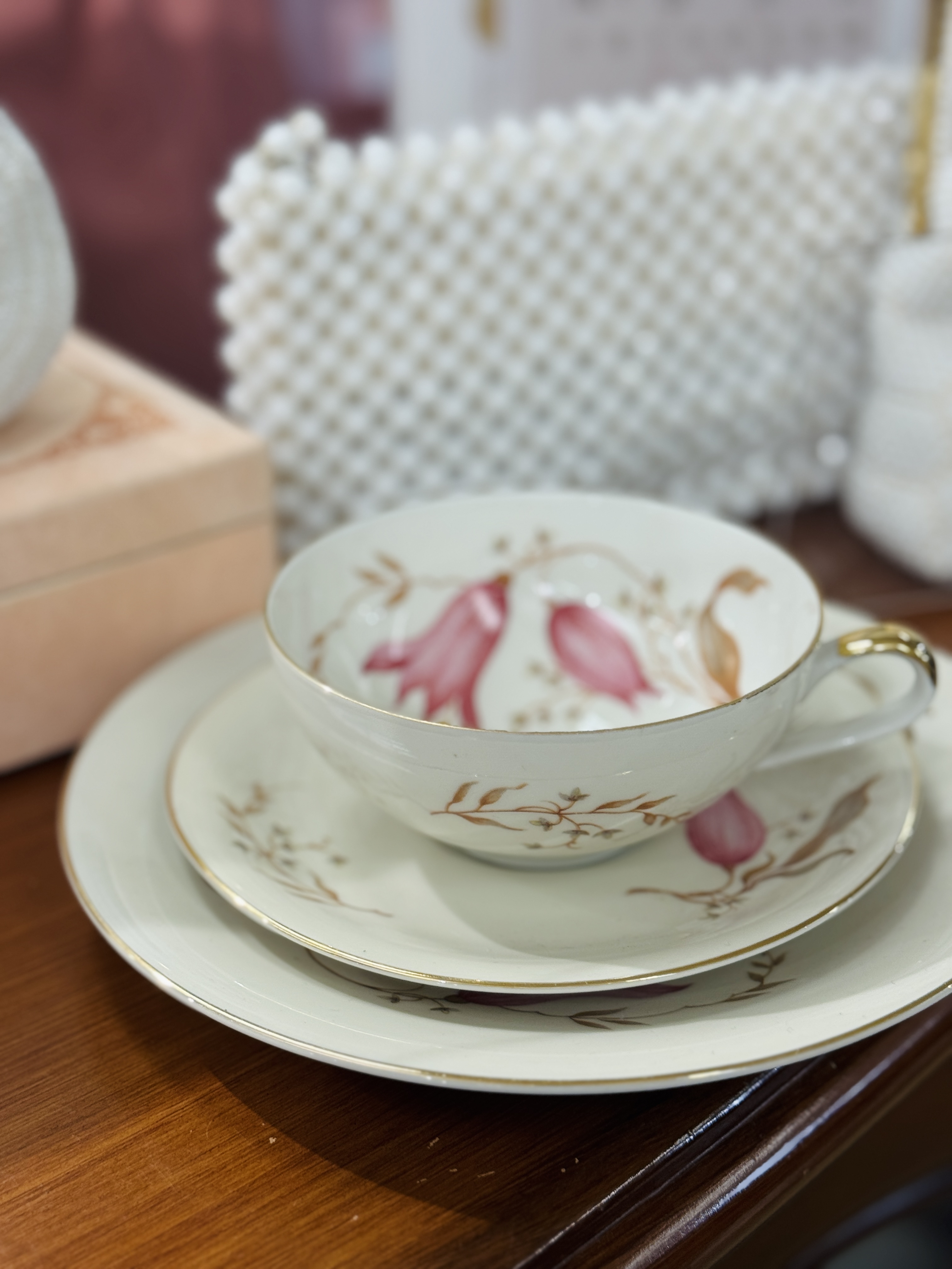 Vintage Pre-1969 German Hertel Jacob Flower Bud Foliage Tea Set Trio(NA0778)