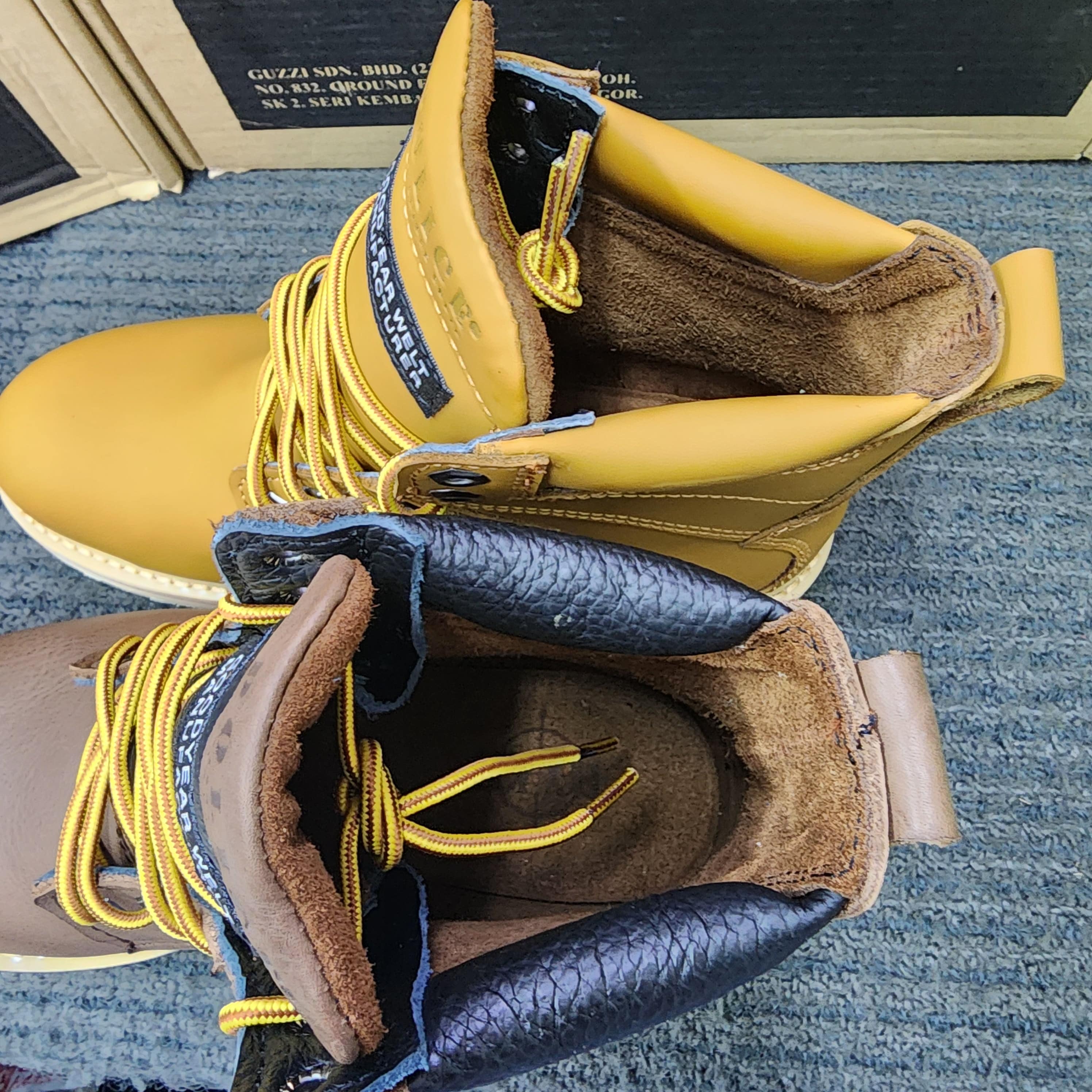 POLICE SAFETY 93672 Camel Brown Mid cut Lace Goodyear Welt Safety Shoes leather Kasut Keselamatan