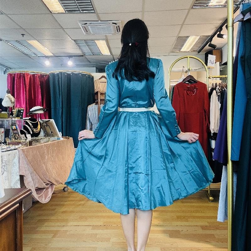Vintage Japanese Turquoise Blue with Pearl Accent Cocktail Dress (MT2260-27)