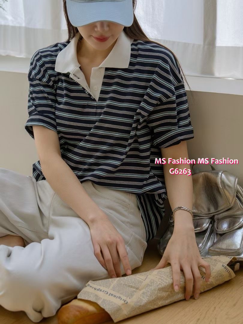 G6283 韓國🇰🇷拼色反領橫間top