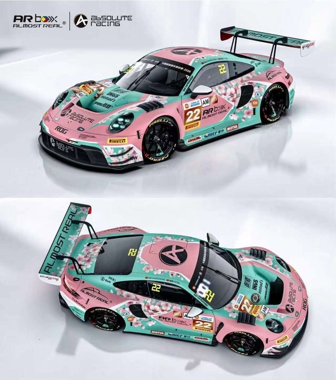 （預訂 Pre Order) AR Box (640007001) 1:64 Porsche 911 GT3 R #22 China GT Ningbo Absolute Racing “Pink PeachBlossom Livery” 