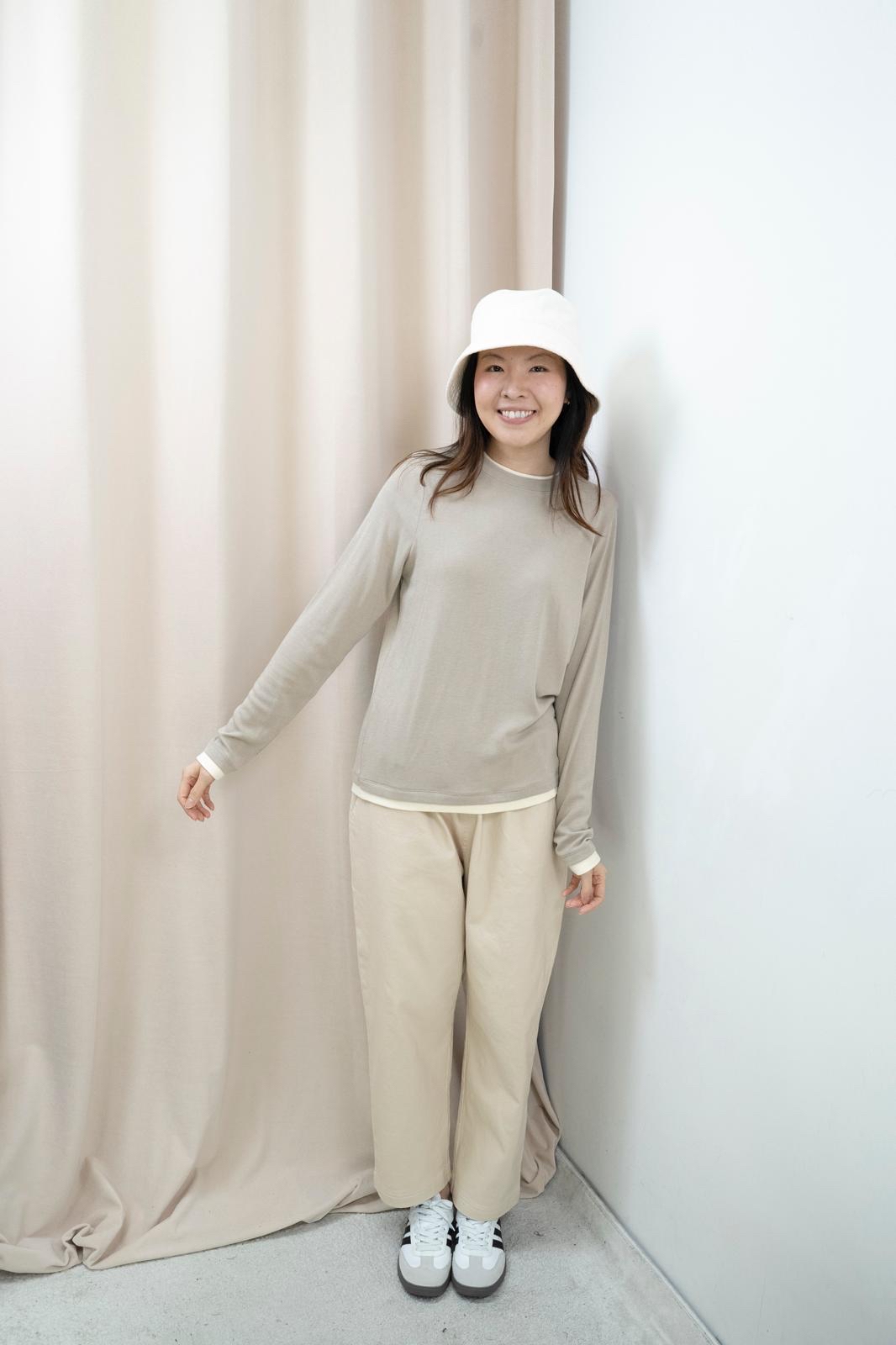 超彈拼色領邊上衣（深米色）