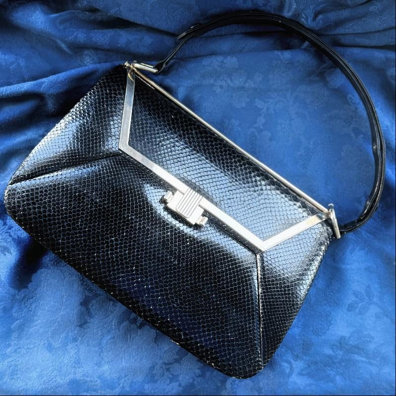 Vintage C.a. 1970s Black Snakeskin & Leather Adjustable Strap Two-Way Handbag from Argentina (MT2024)
