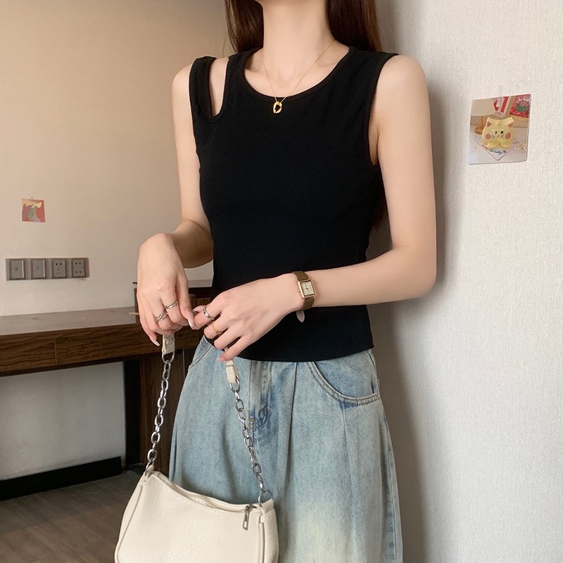 B290(16201) 韩版付胸垫边单镂空双吊带设计感黑背心