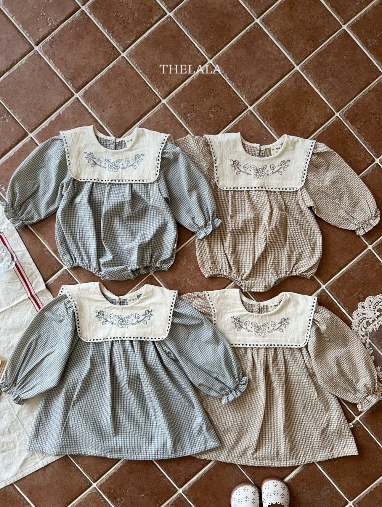 🌸預訂 韓國直送🌸🇰🇷THELALA兩色花卉刺繡方形翻領格紋長袖連身裙