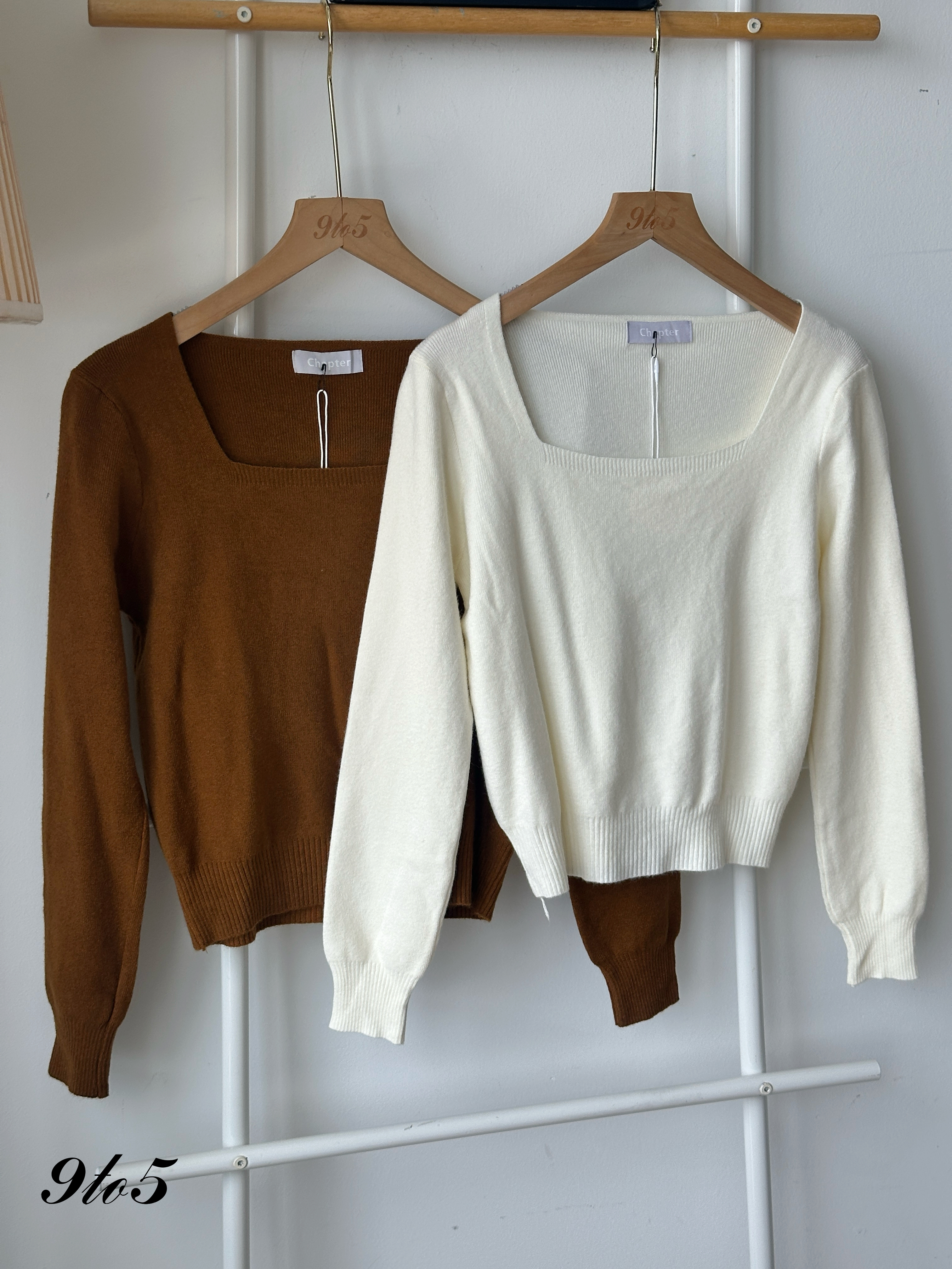 T4136 Square Neck Knit Top - Cream & Golden Brown
