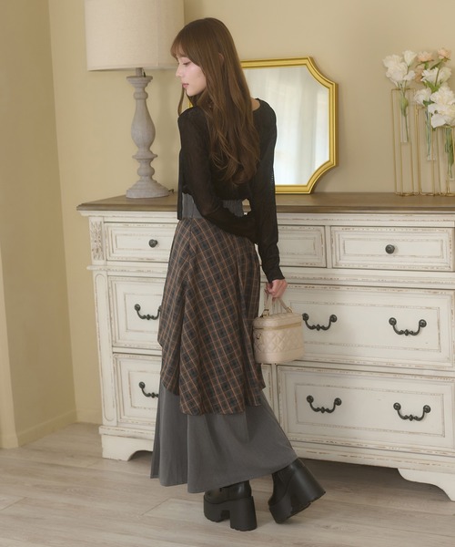 格子雙層開衩喇叭裙