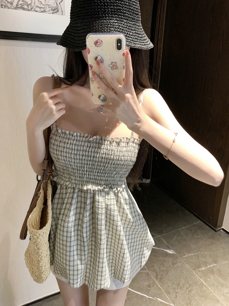 格子花苞吊带蝴蝶结