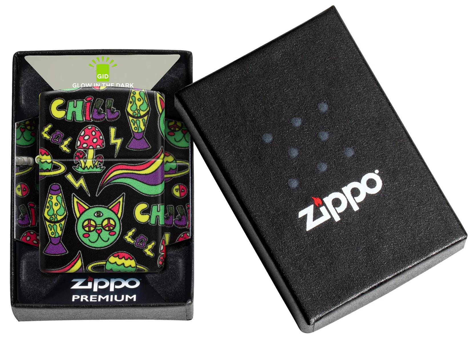 美國製造 | Zippo指定經銷商 Zippo 47114 發光 Chill 打火機 – 發光綠色迷幻融合 (熔岩與 groovy 圖案)  Glowing Chill Lighter Glow-in-the-Dark