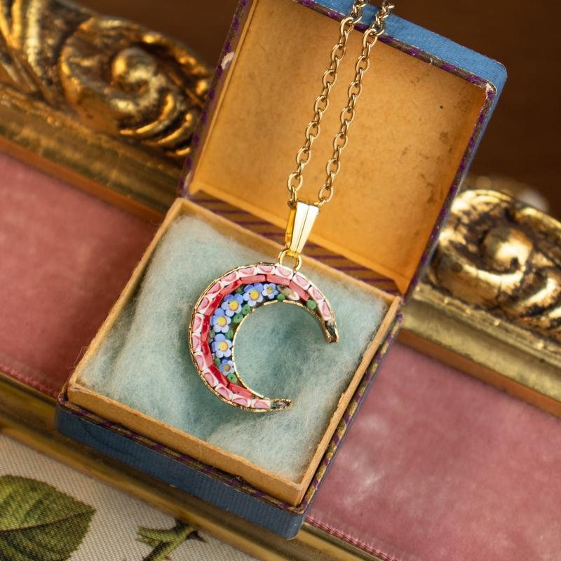 Modern Italian Mosaic Romantic Floral Moon Shape Pendant Necklace(ITMA50)