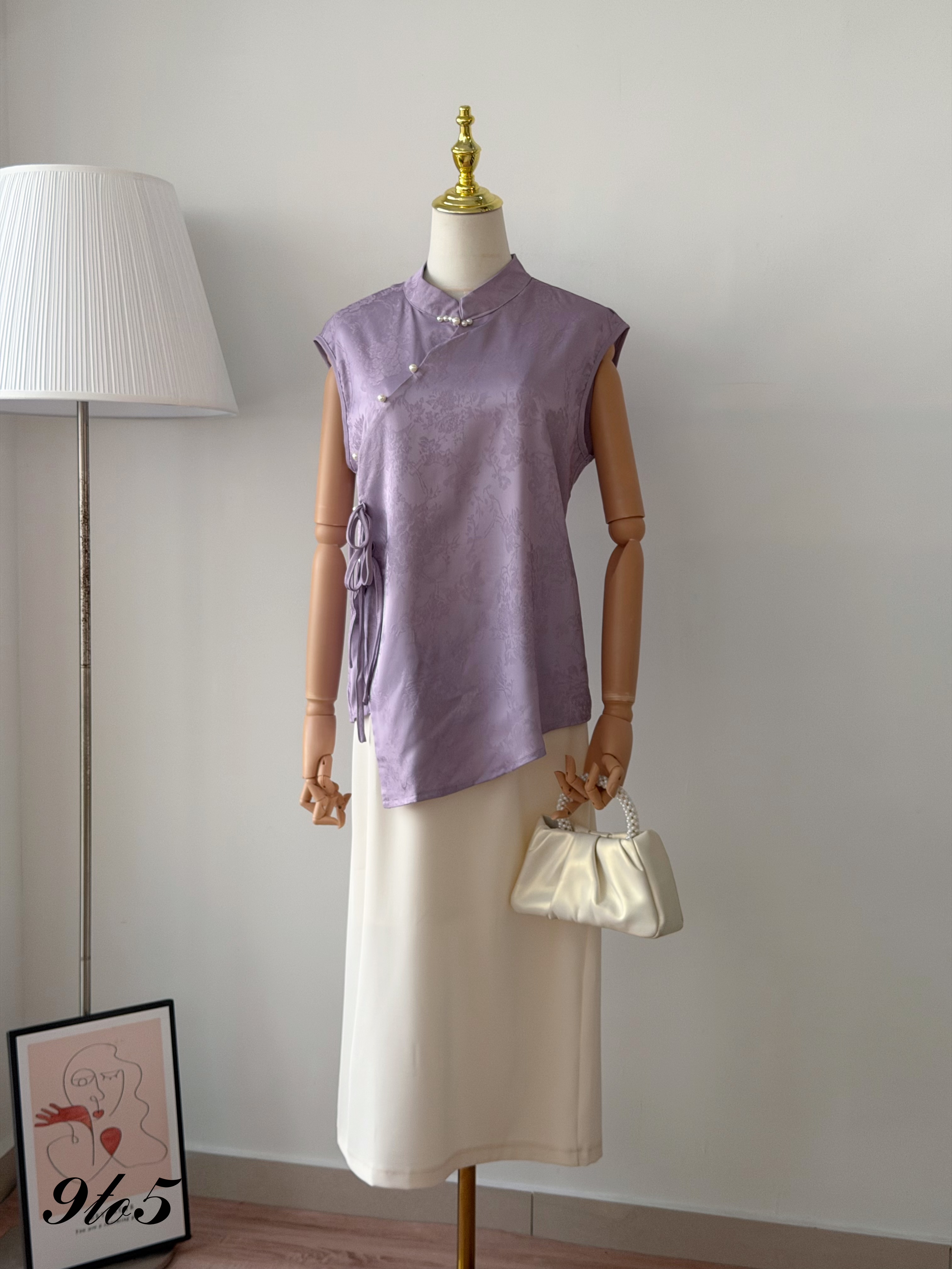 T4487 Sleeveless Floral Cheongsam Top - Purple