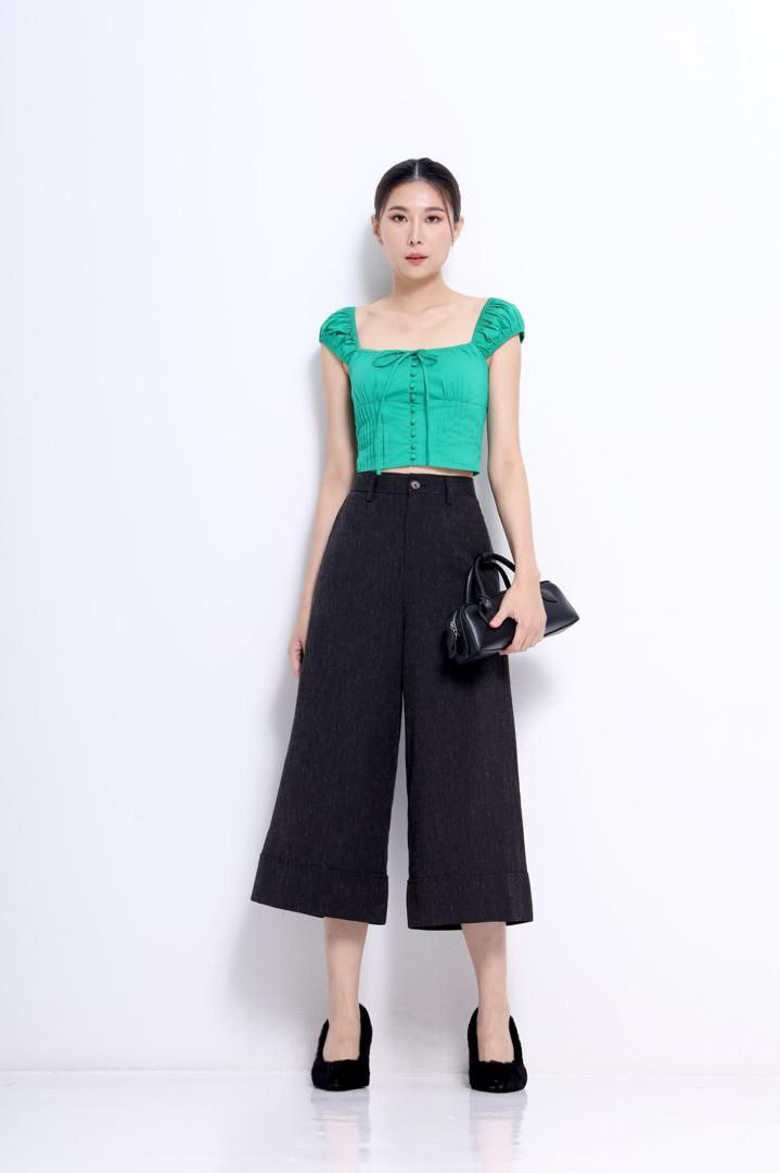 麻料宽脚裤 黑色1595