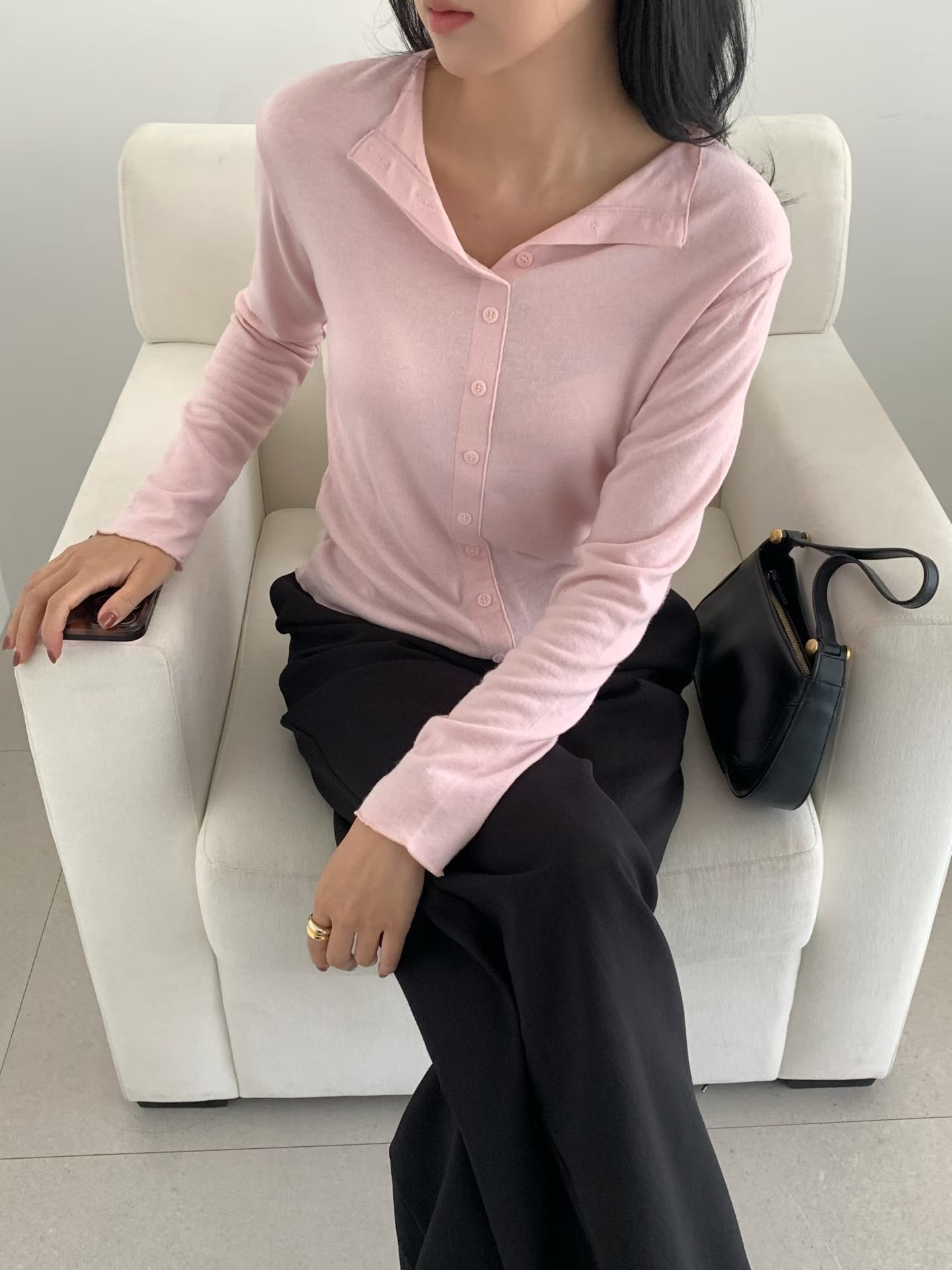 Button up rabbit hair wool basic tee 