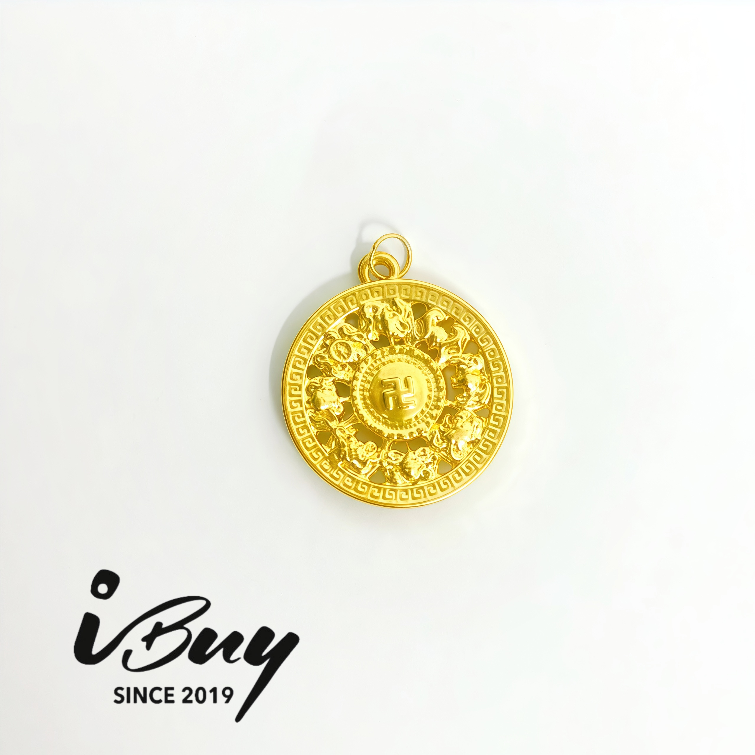 999 GOLD EIGHT AUSPICIONS DHARMA WHEEL PENDANT 999 金八宝罗盘吊坠