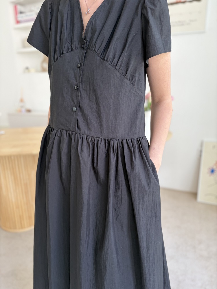 Airy Button Front Long Dress (Black)
