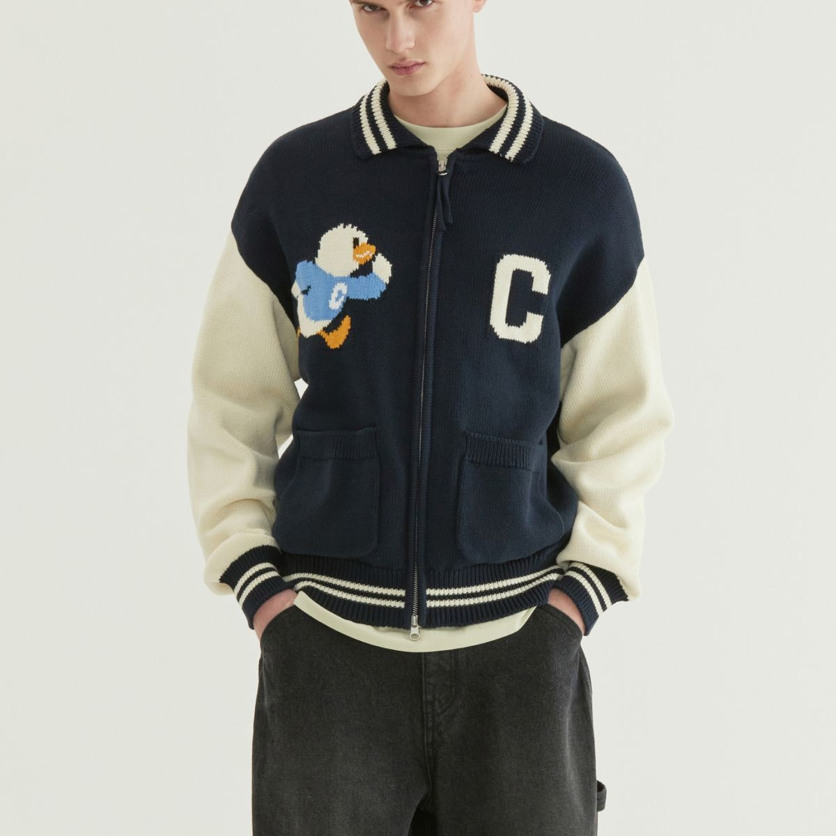 [COVERNAT] Duck Graphic Knit Varsity Jacket 