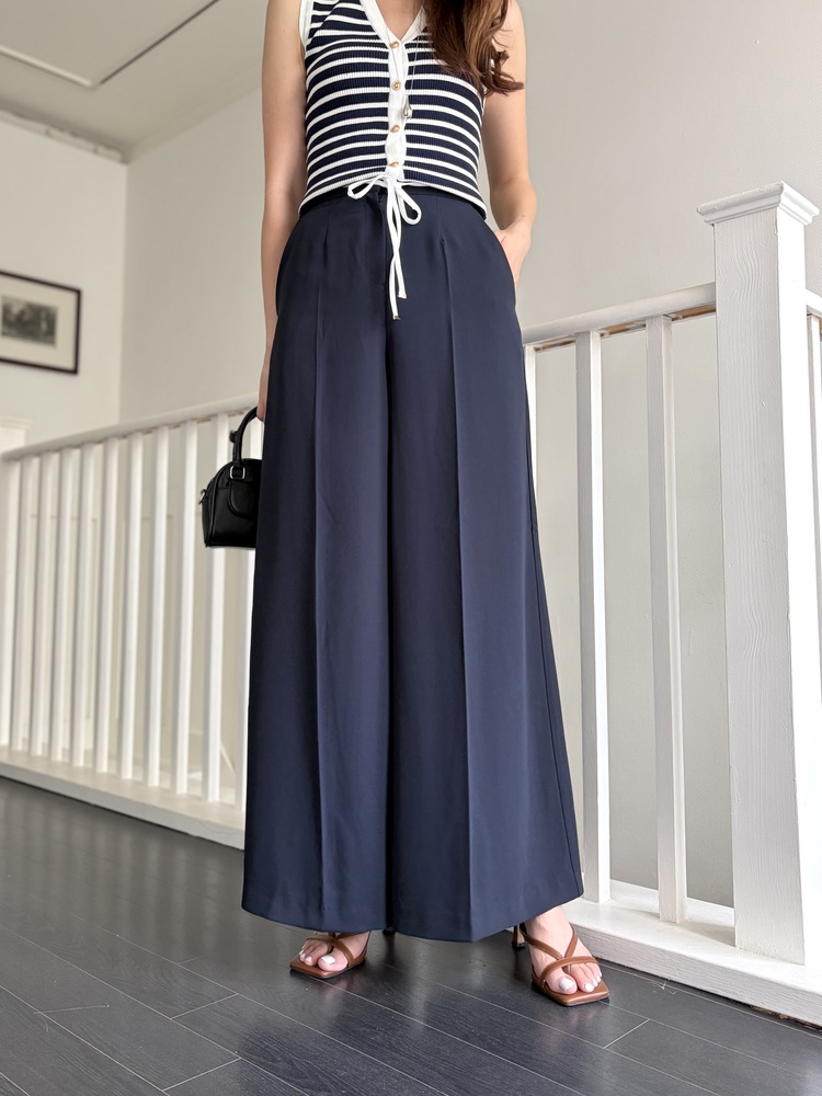 [超涼!!] Contrast Belt Wide Leg Slacks (Navy)