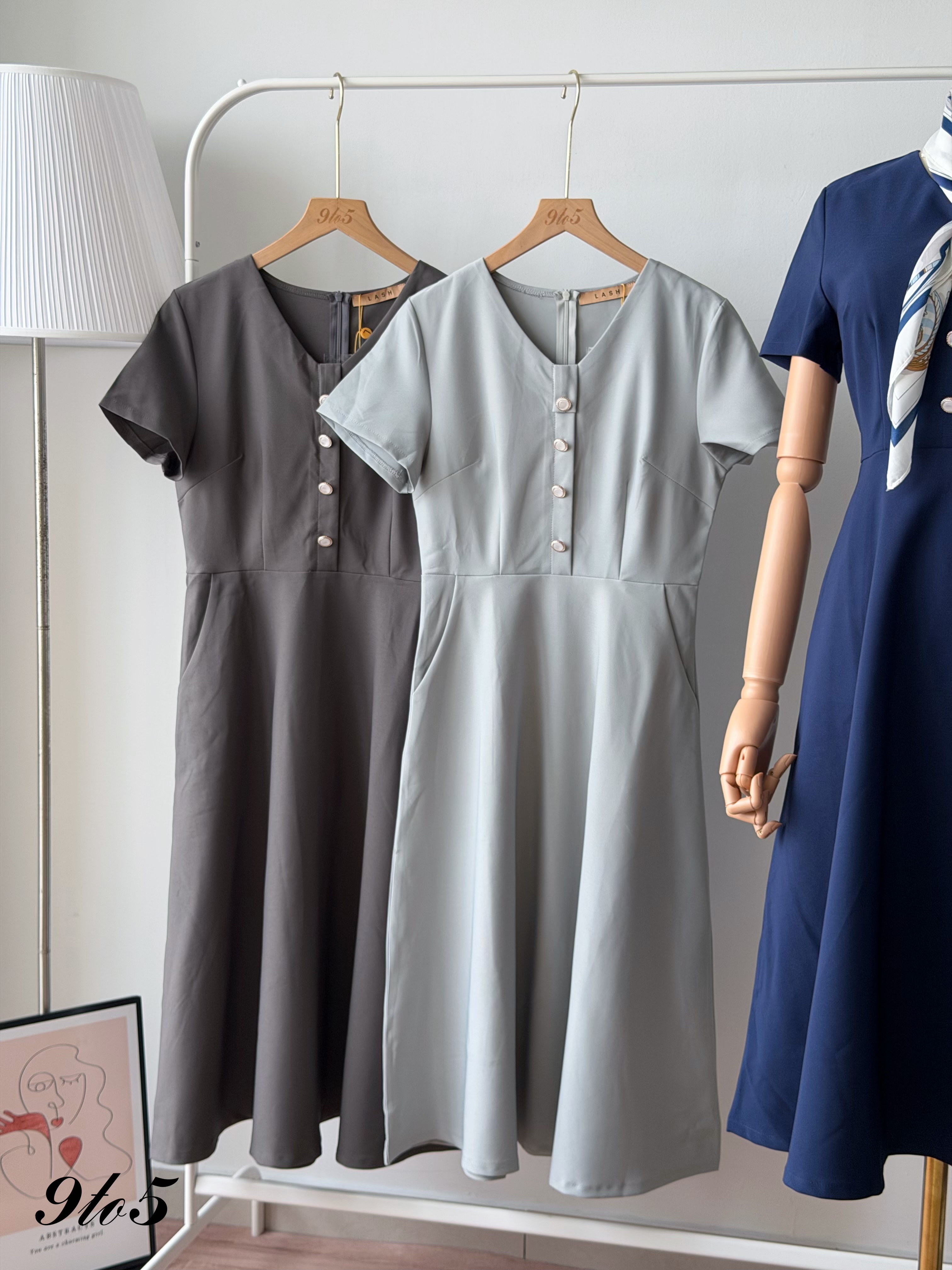 D2378 V Neck Waisted Dress - 3 Colors