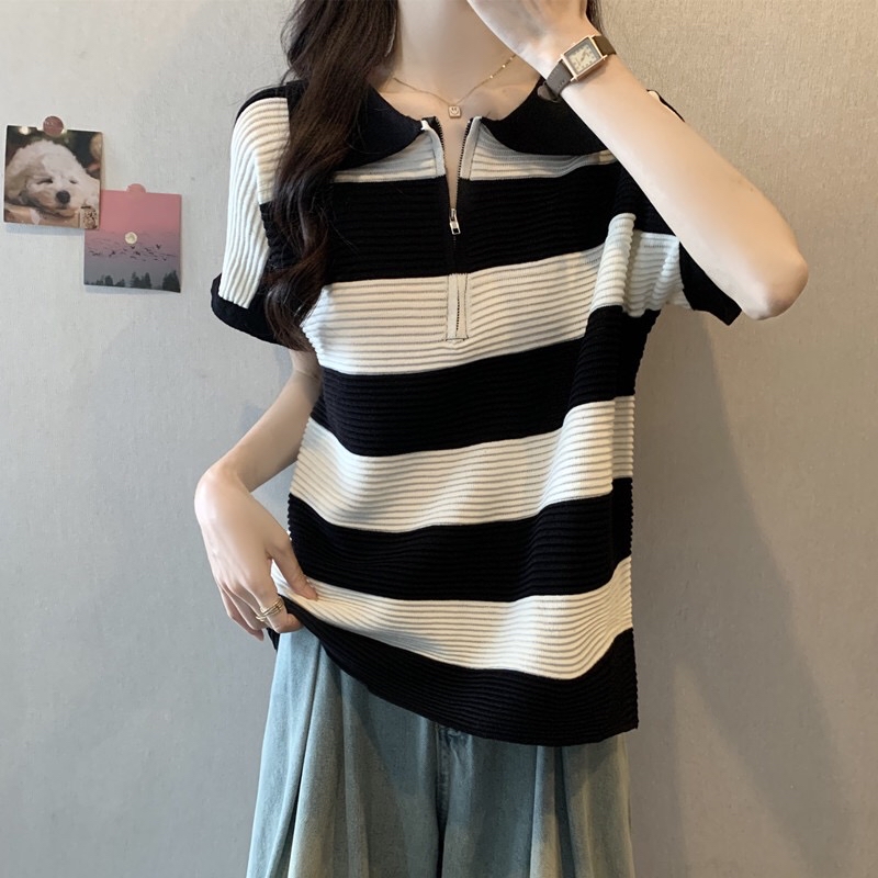 B135(942) 韩版洋气拉链翻领撞色横纹针织黑上衣 