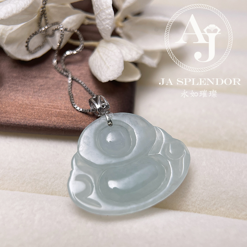 JNK-360 天然翡翠A玉 冰種晴綠笑佛/佛公18K金吊墜(法師加持)