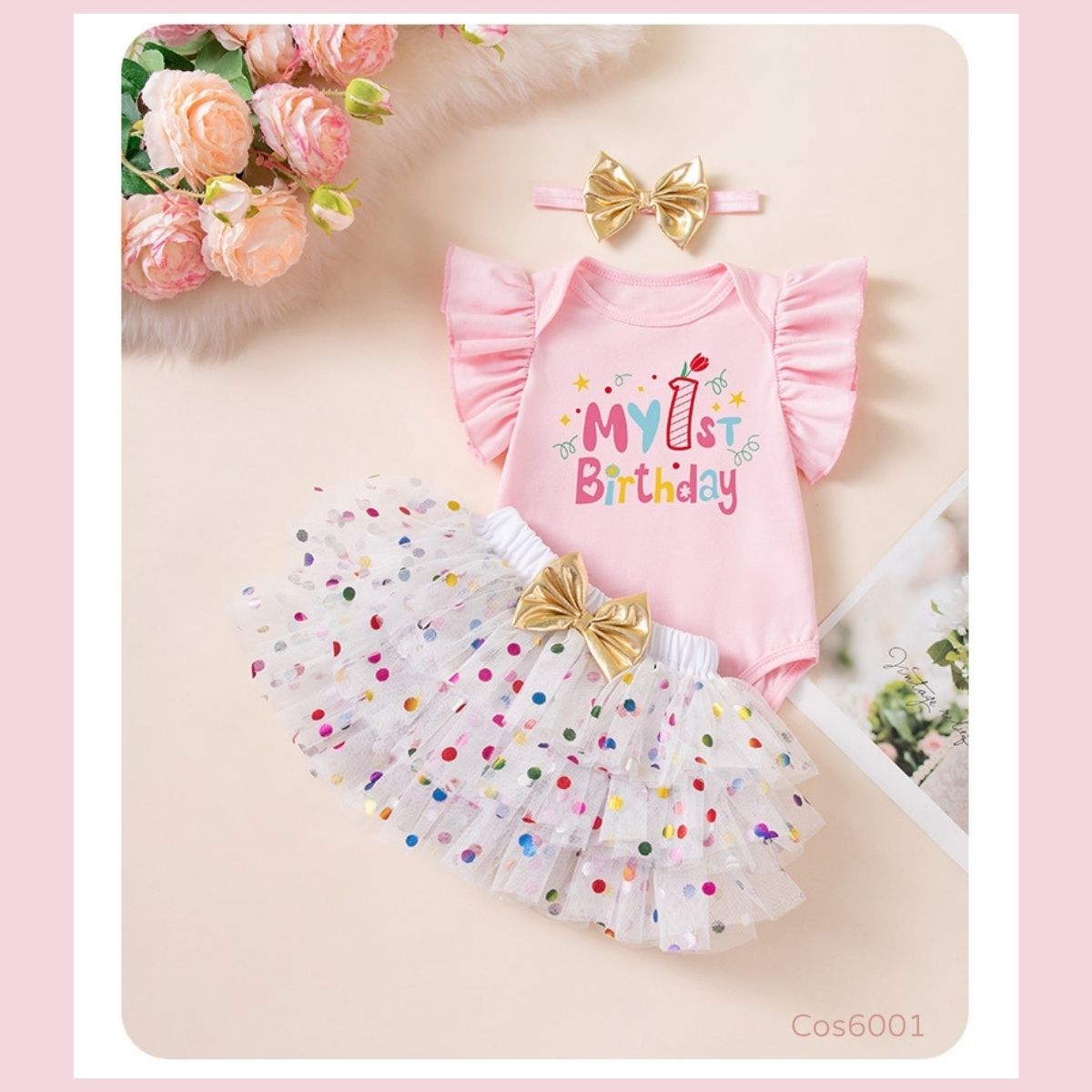 1歲生日BB女服裝 My 1st Birthday 粉紅連身衣及彩色波點紗裙套裝 (Cos6001) | Let's Cosplay 香港現貨
