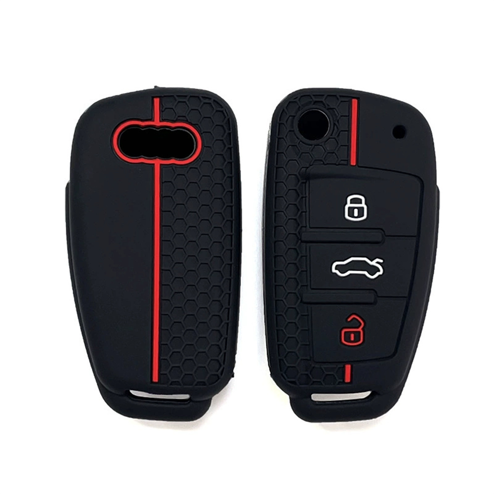 適用奧迪A3硅膠鑰匙套  黑色 折疊3鍵 蜂窩紅線 UA0542