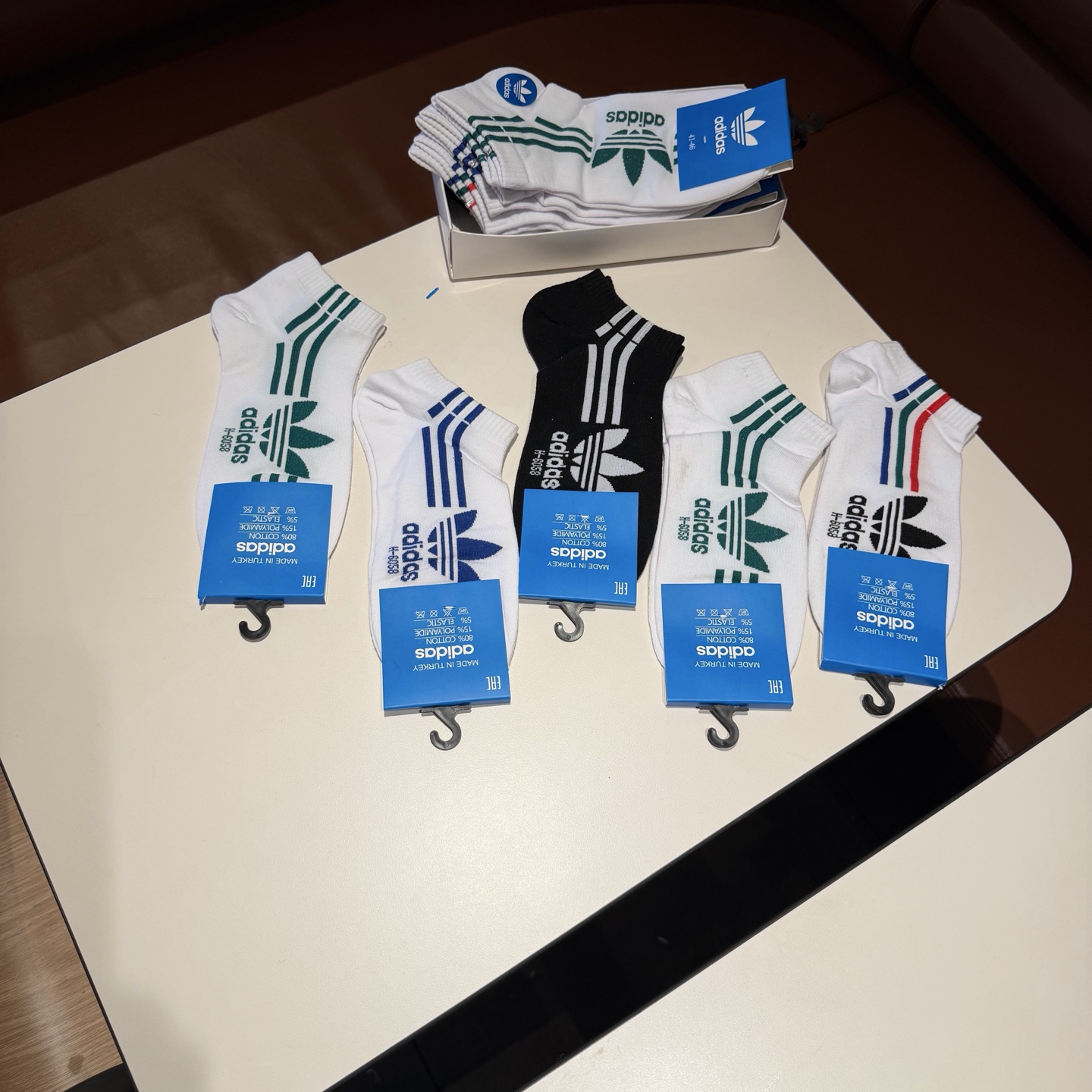 Adidas 彩色三條紋短筒棉襪 一套5對