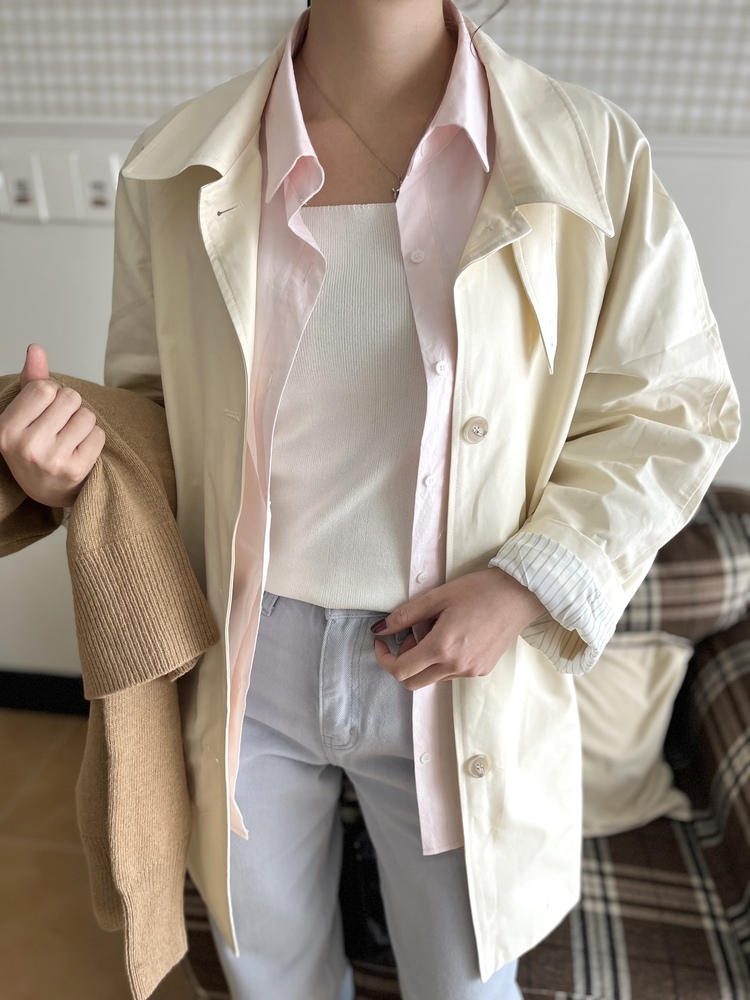 Stripe-Lined Relaxed Trench Coat (Cream)