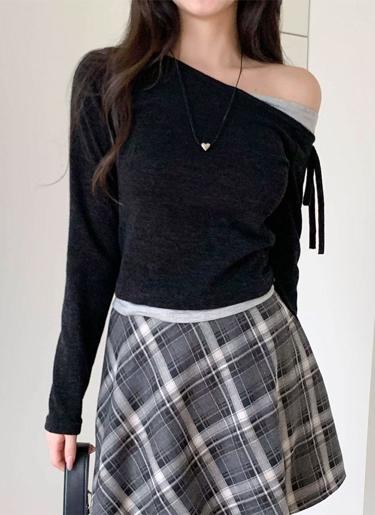 韓國斜膊單邊蝴蝶結綁帶假兩件Top