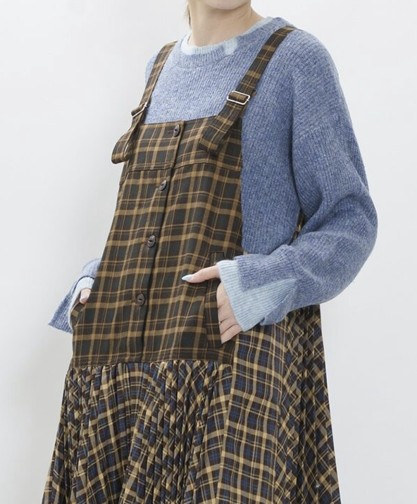 雙格紋交織百褶連身裙 - 2026 流行穿搭  女士連身裙 春秋冬時尚穿搭 成人休閒 日常穿搭 易於配搭 日本直送   #JP-I-260001