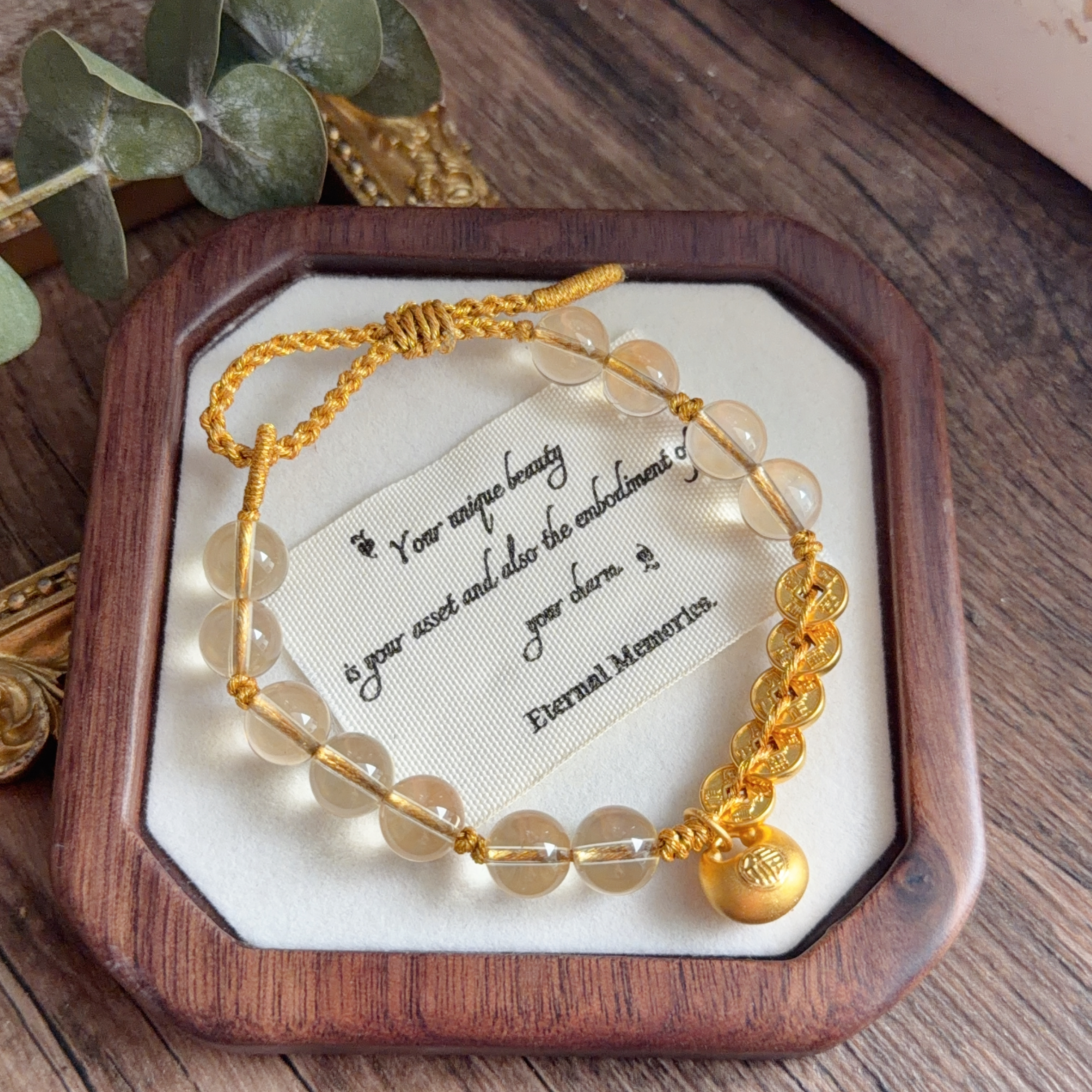 8mm高質黃水晶襯999足金五帝錢&小福袋