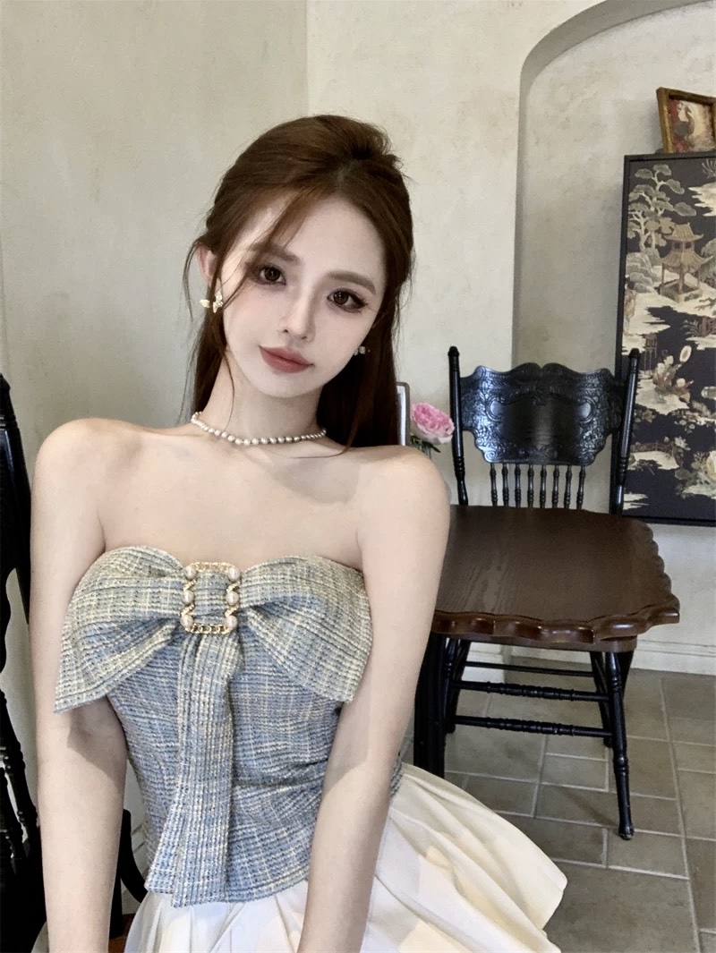 蝴蝶結裝飾斜紋軟無肩帶上衣