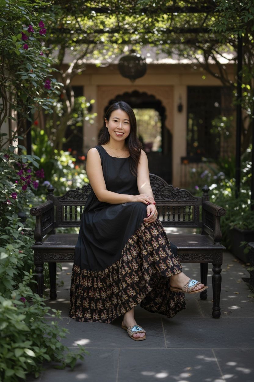 Simple Black x Floral Block Print Edge Sleeveless OP 51" #1354