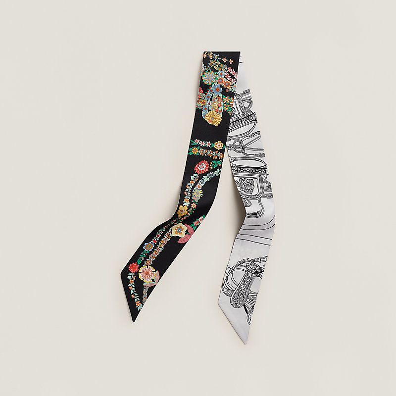 Hermes 全新🆕 100% 絲 Brides De Gala En Fleurs & Eyeliner 華麗的繮轡花卉版圖案 Twilly 