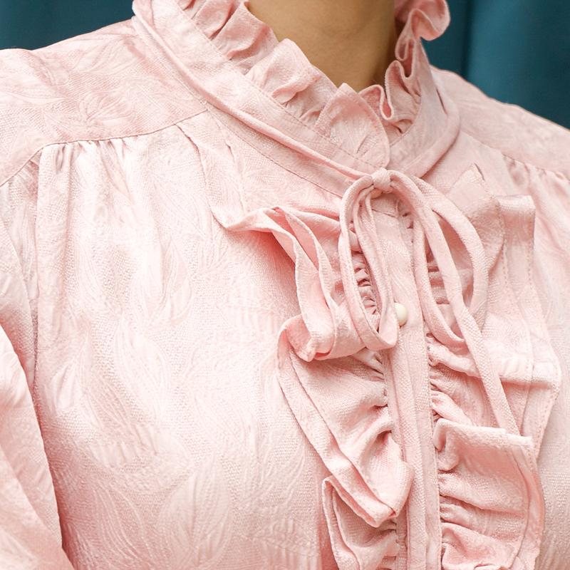 Vintage Japanese Leaf Textured Pink Ruffle Front & Cuff Blouse/Shirt (MT1604-8)