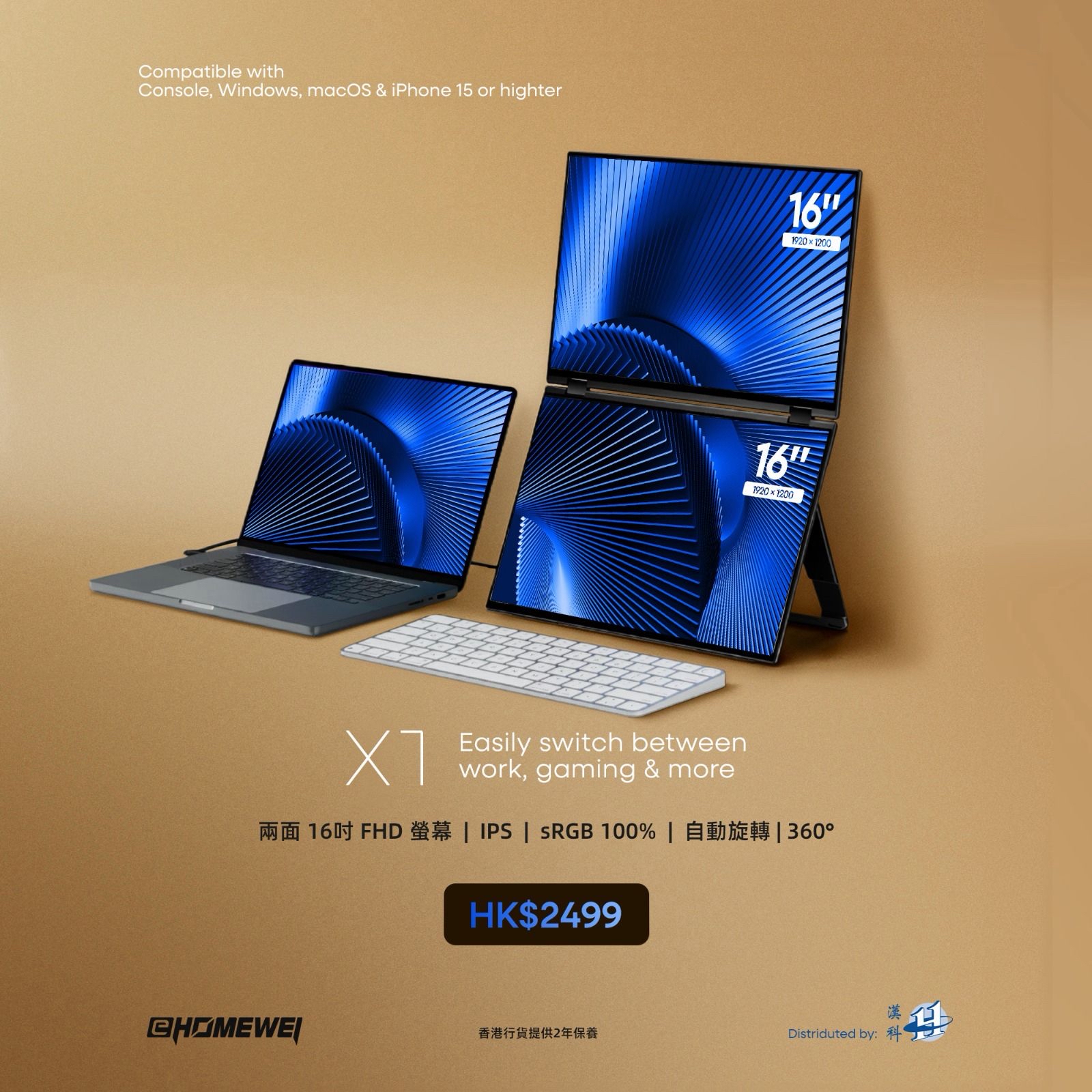 EHOMEWEI X1｜雙螢幕 16吋 FHD 便攜顯示器MO-EX1