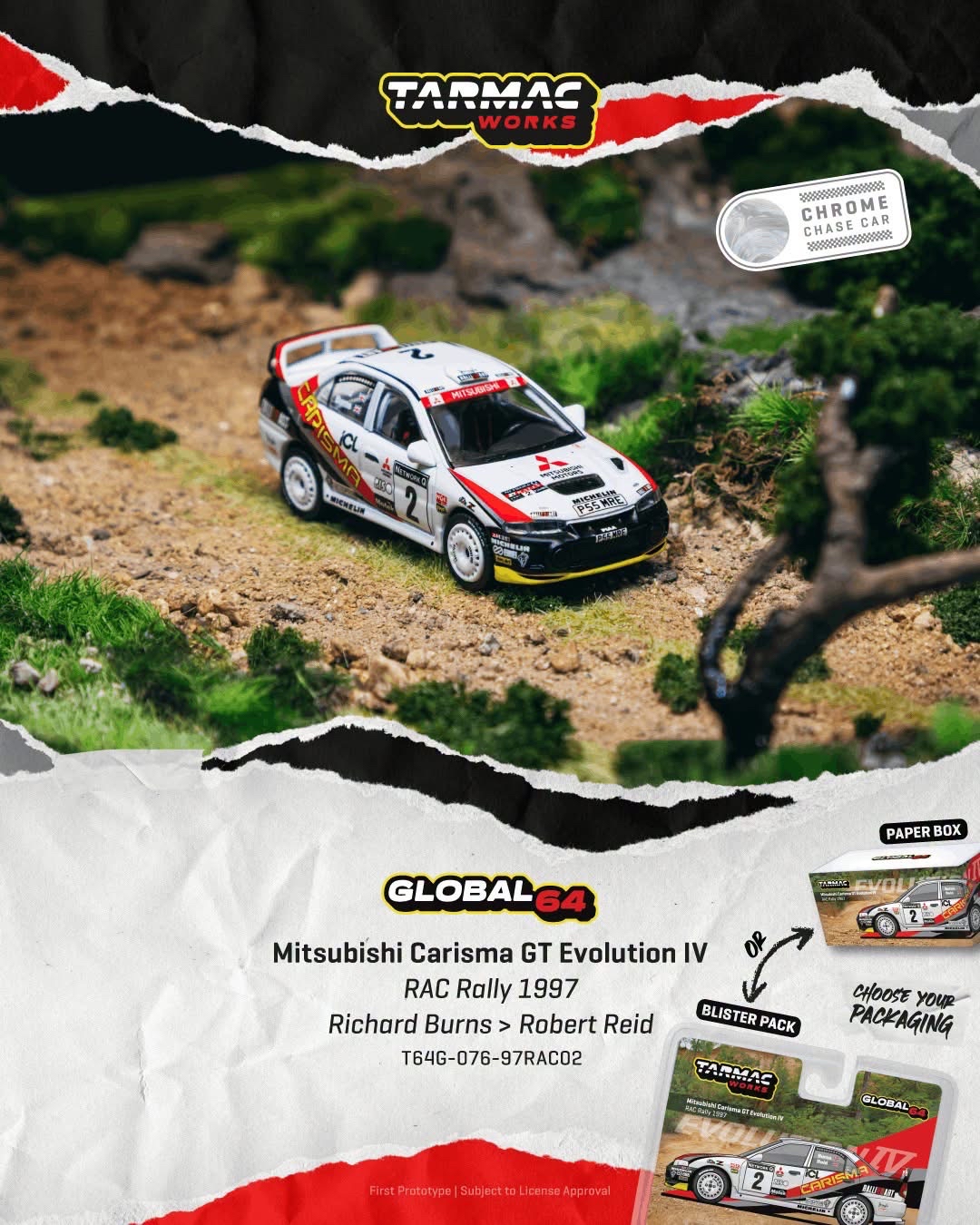 （預訂 Pre Order) Tarmac Works  ( T64G-076-97RAC02 ) Mitsubishi Carisma GT Evolution IV RAC Rally 1997 Richard Burns / Robert Reid