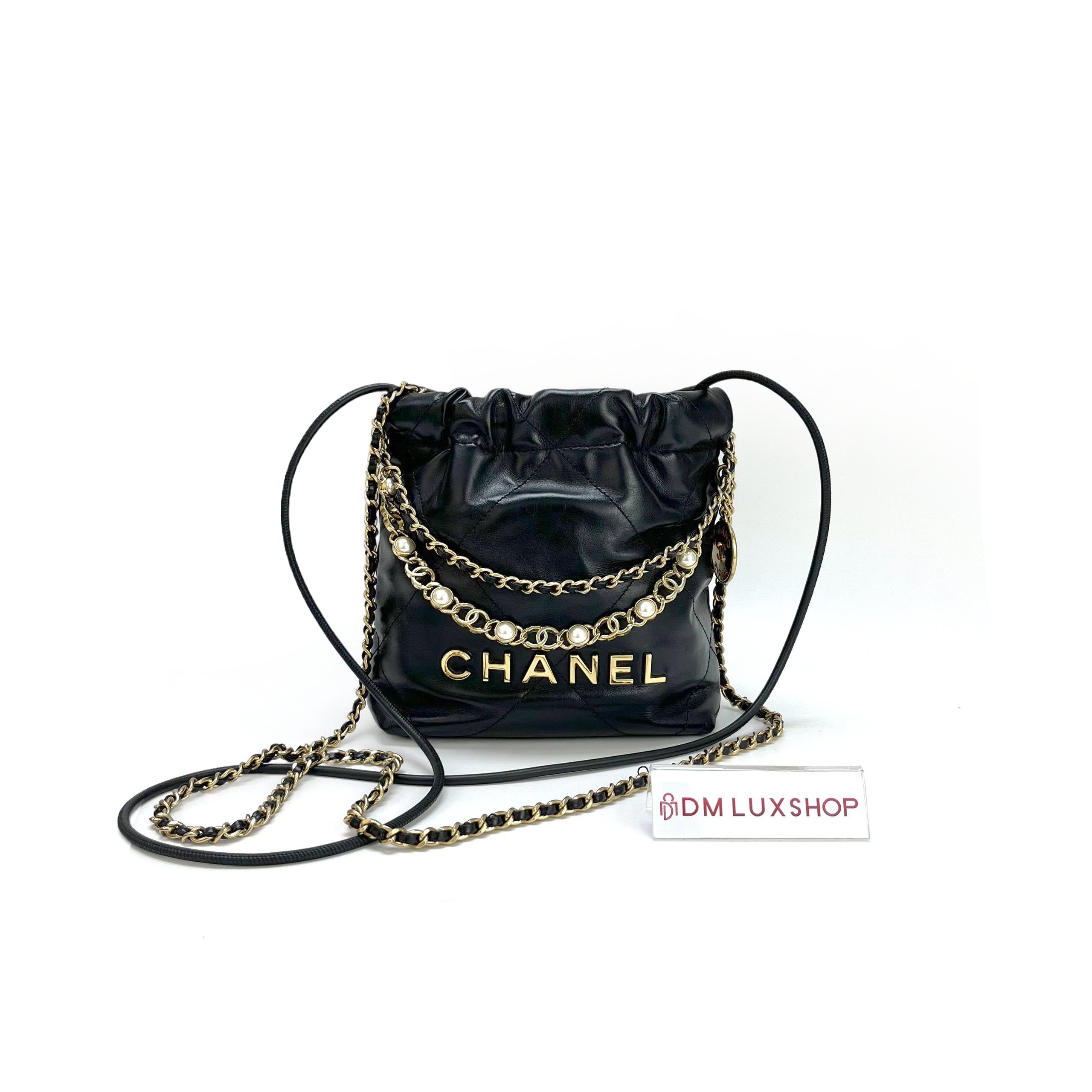 Chanel Black Mini 22 Pearl CC Chain GHW (Microchip)