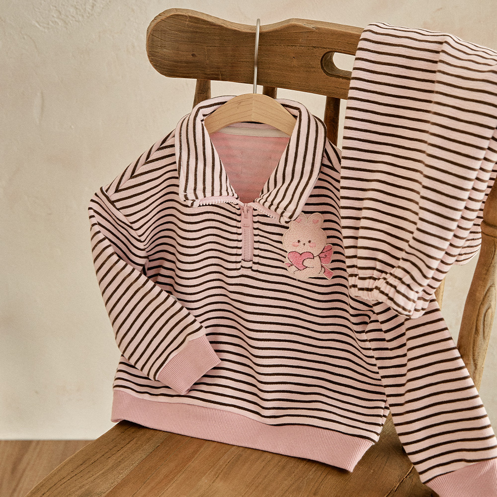 25F/W DTD萌趣條紋學院風系列-半開襟加絨上下套裝 120