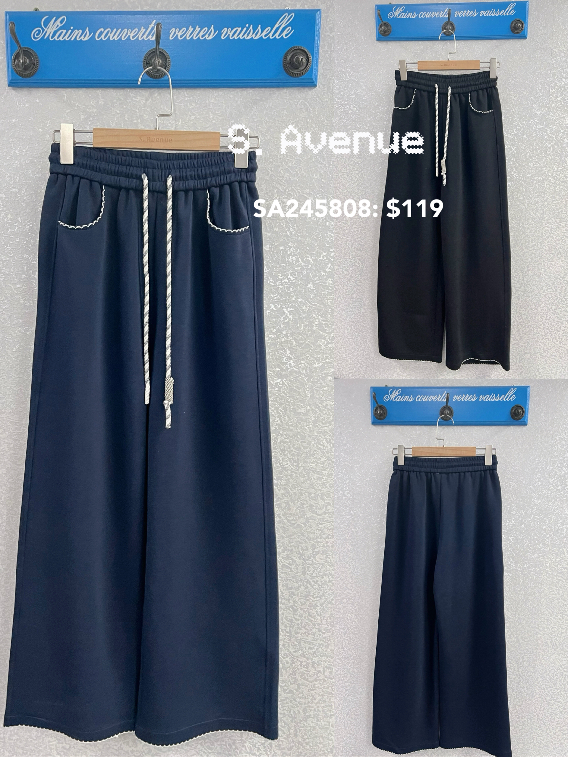 SA245808: 橡筋腰白色繡邊粗繩休閑褲