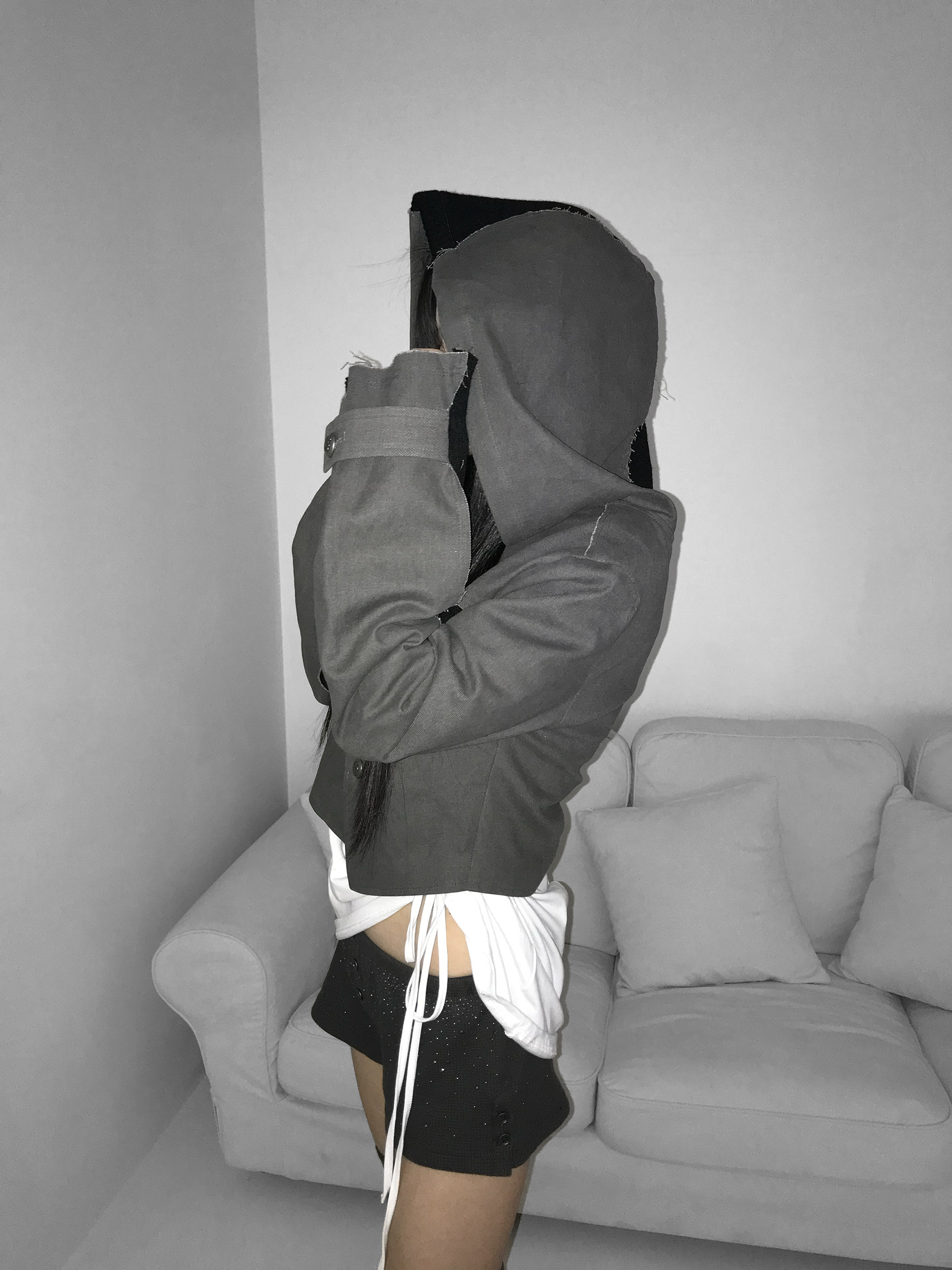 Asymmetric Raw-Edge Hooded Cropped Jacket