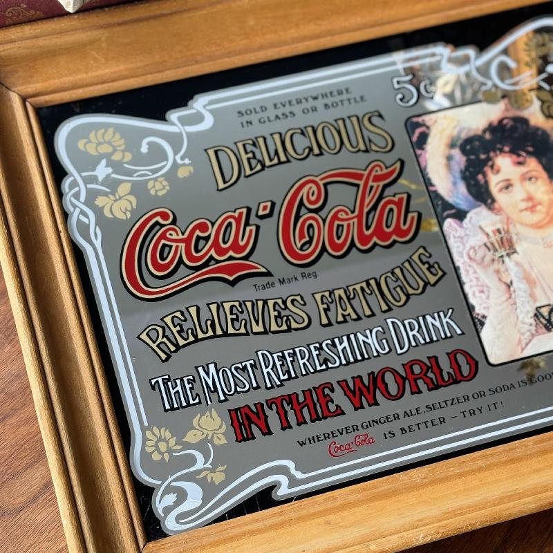 Vintage C.a. 1970s Coca-Cola Mirror Sign Delicious 5 cent Relieves Fatigue Framed Advertisement (MT2205)