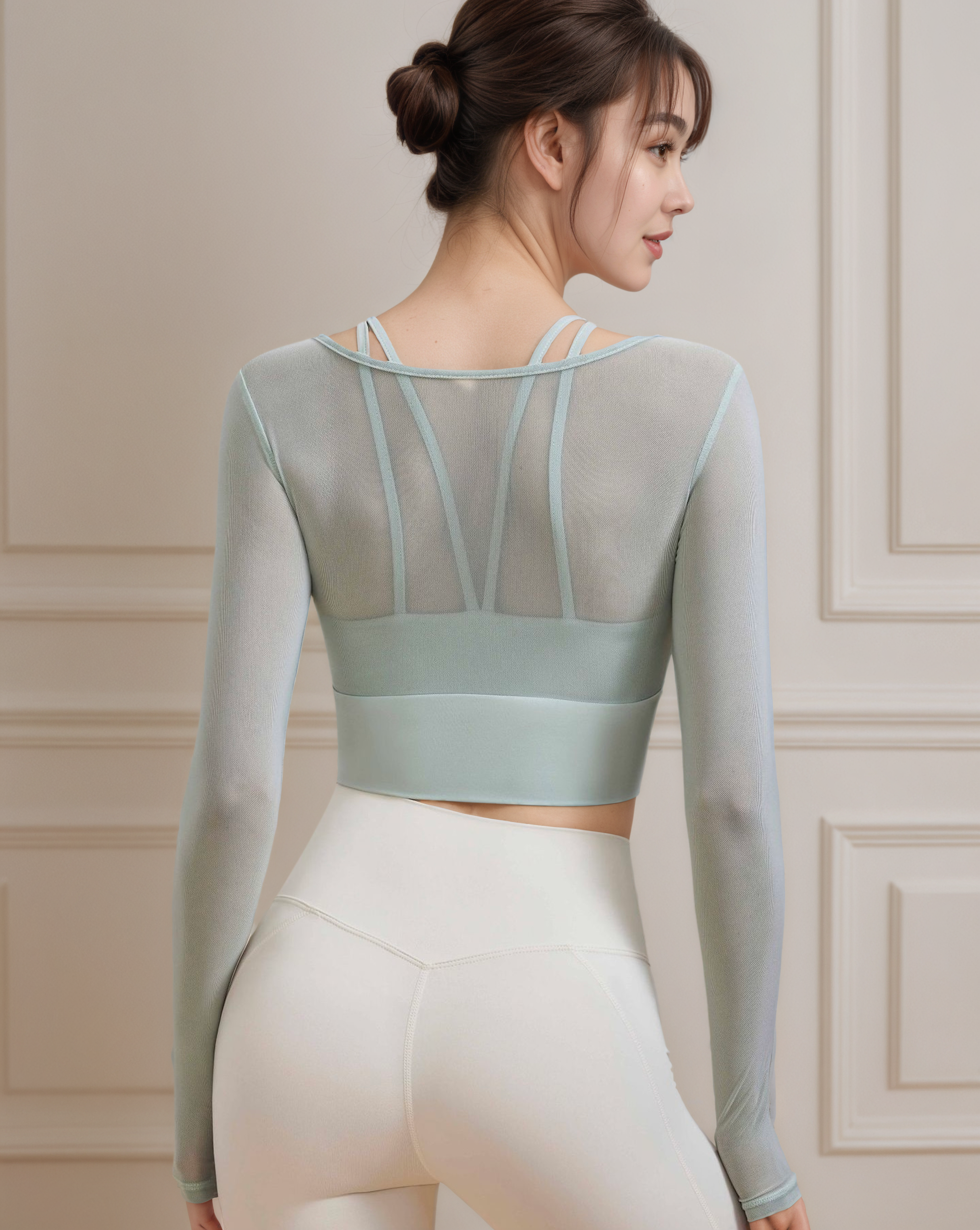 假兩件網紗瑜伽長袖上衣固定杯款