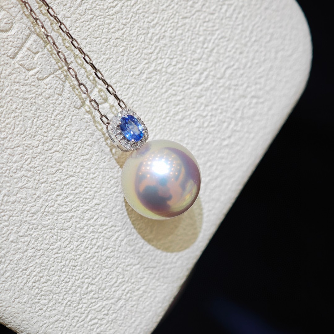 11-12mm正圓無瑕 搭配天然藍寶石 通體18k鑽石