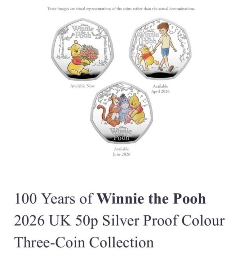 100 Years of Winnie the Pooh 2026 UK 50p Silver Proof Colour Three-Coin Collection (GC4726)