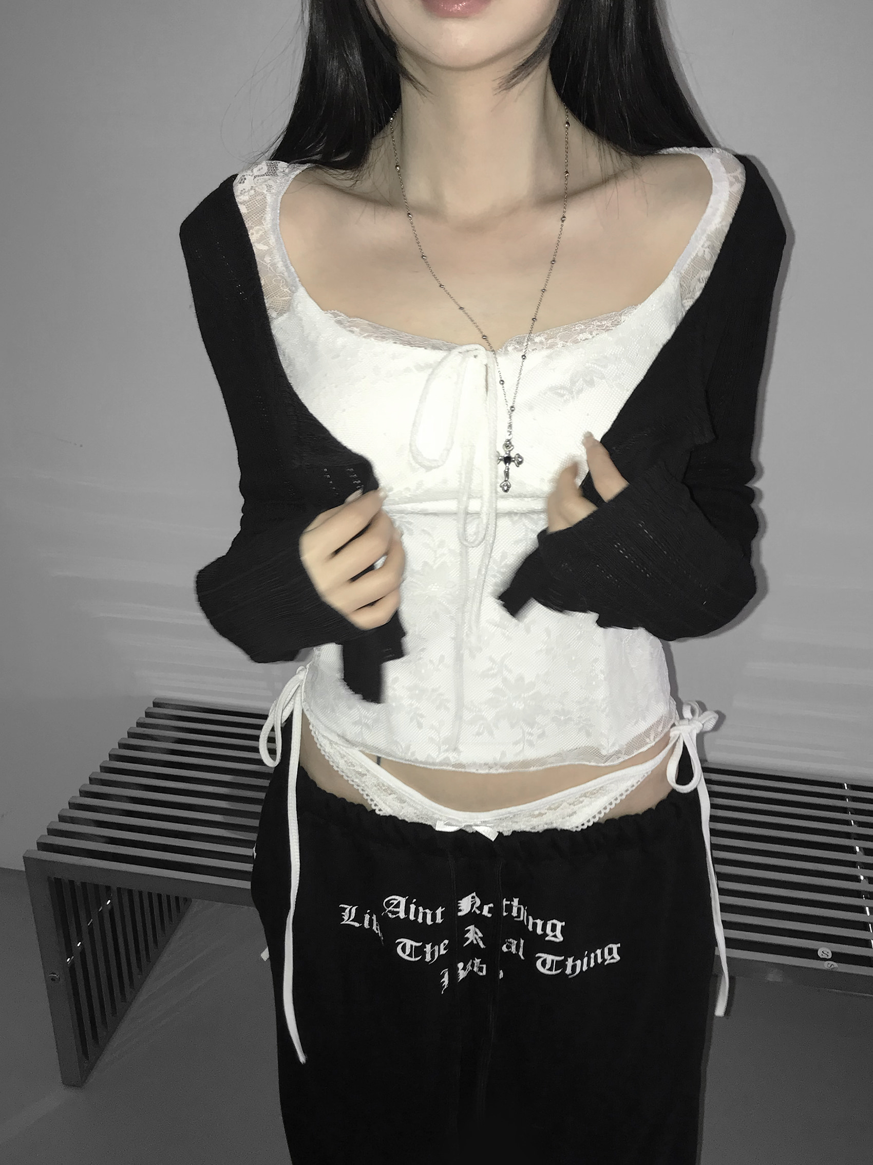 Layered Lace Waist Graphic Wide Leg Pants